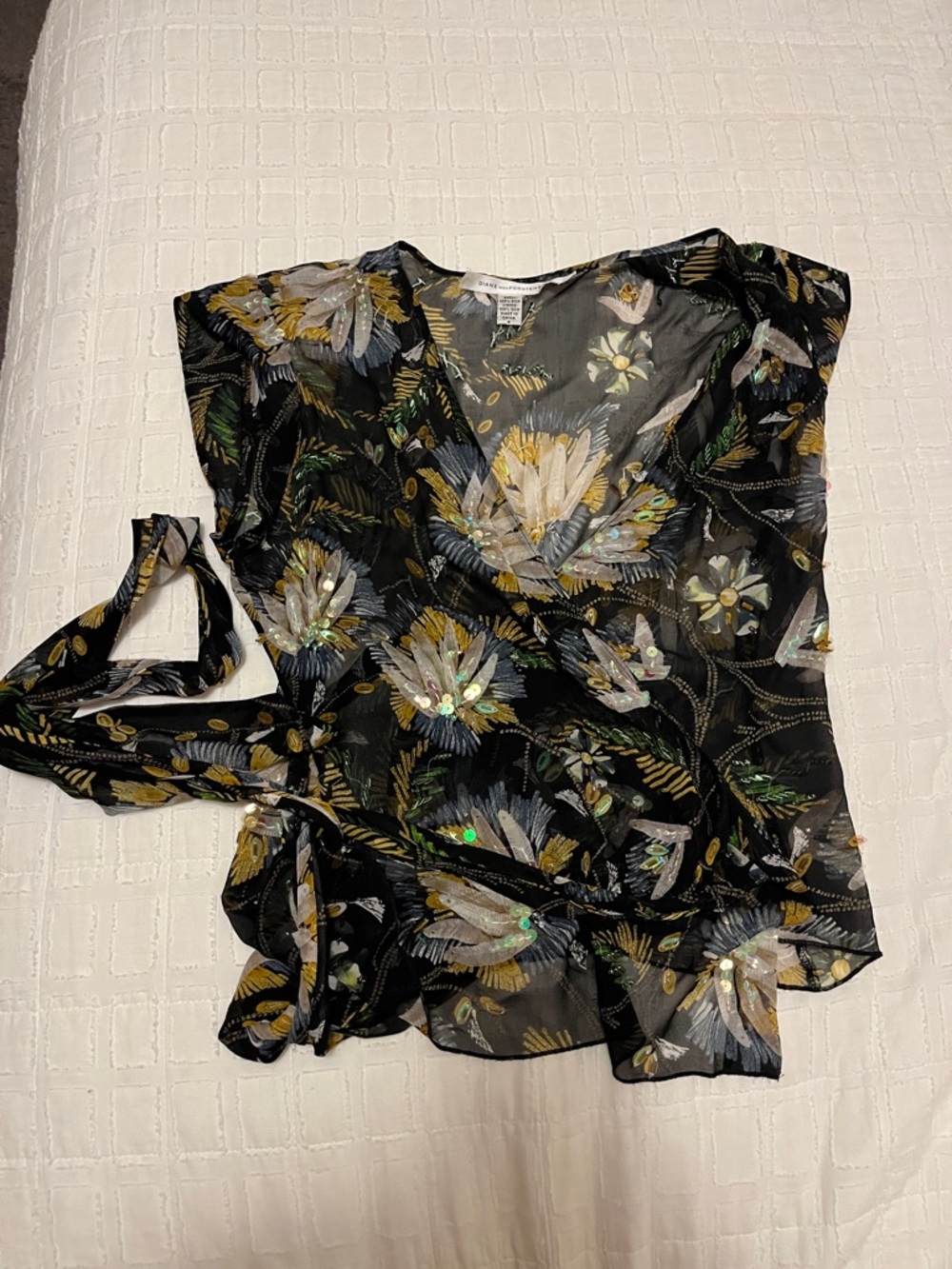 Diane Von Furstenberg Black Floral Wrap Blouse
